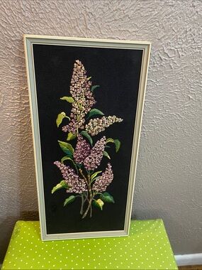 Framed Floral Embroidery Wall Art - Pink Lilacs on Black